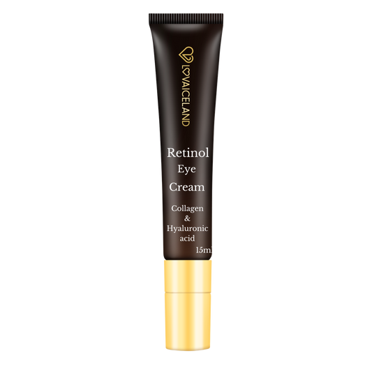 A tube of retinol eye cream with collagen and hyaluronic acid, branded by Lovaeicland, with a black and gold color scheme.