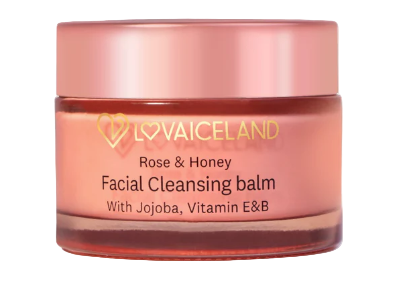 A pink-colored jar containing LOVAICELAND Rose & Honey Facial Cleansing Balm with Jojoba vitamin E&B5.
