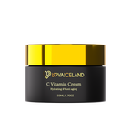 A jar of Lovaiceland C Vitamin Cream with Aloe Vera and green tea, labeled as hydrating and anti-aging, in a black and gold color scheme, containing 50 ml of the product.