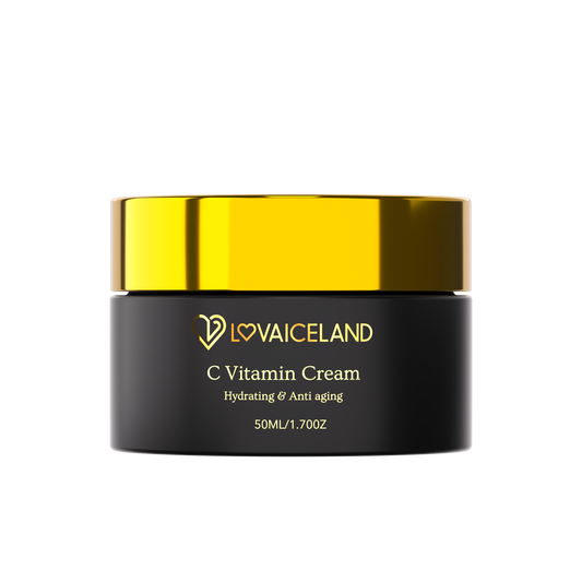 A jar of Lovaiceland C Vitamin Cream with Aloe Vera and green tea, labeled as hydrating and anti-aging, in a black and gold color scheme, containing 50 ml of the product.