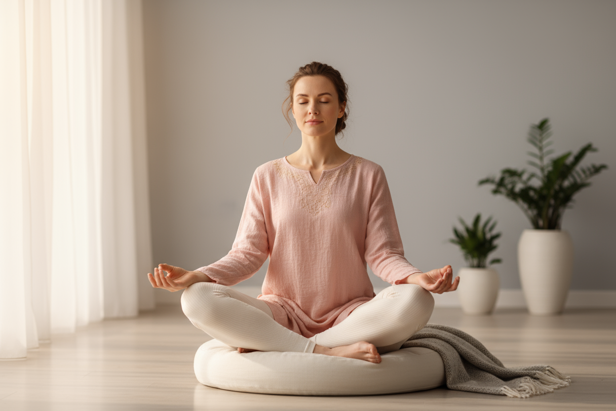 kona í yoga eða hugleiðslustellingu í fallegum jógafötum