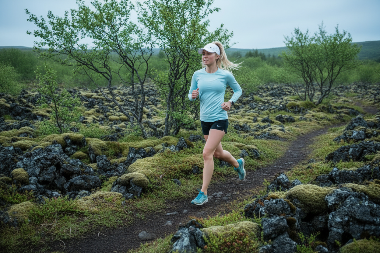 Woman running in Iceland with ponytail, white cap and long sleeves